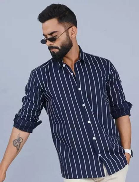 Men's Slim Fit Striped Mandarin Collar Casual Shirt
