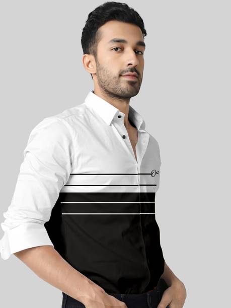 Men Regular Fit Color Block Curved Collar Casual Shirt