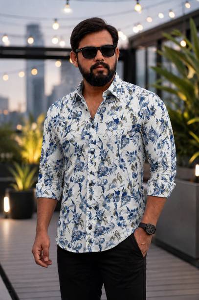 Men Regular Fit Printed, Ethnic Motifs Cut Away Collar Casual Shirt