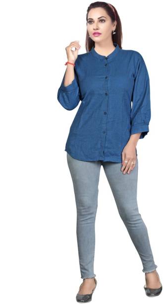 MANCHESTER Casual Solid Women Dark Blue Top