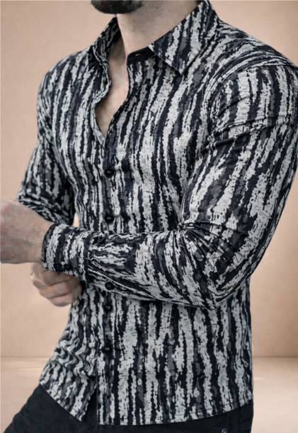 Men Regular Fit Printed, Striped Spread Collar Party Shirt