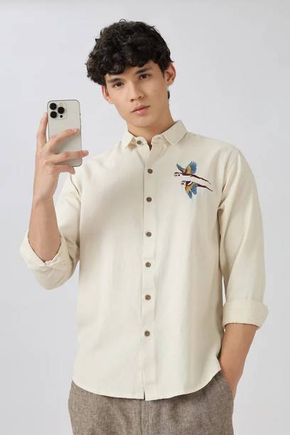 Men Regular Fit Embroidered Spread Collar Casual Shirt