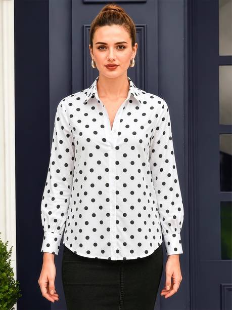 Aahwan Women Regular Fit Polka Print Spread Collar Casual Shirt