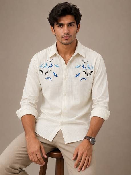 JERRY AND HANPHIL Men Embroidered Casual Cream Shirt