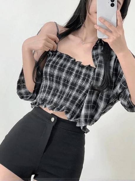 Casual Roll Up Sleeves Checkered Women Pink Top