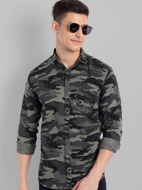 Men Slim Fit Military Camouflage Spread Collar Casual Shirt
