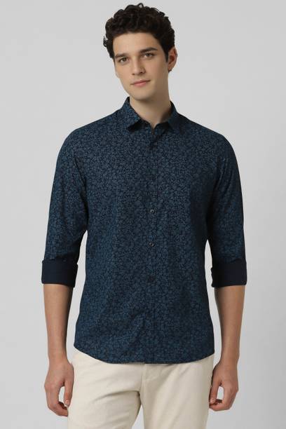 peter england men printed casual blue shirt