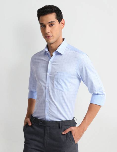 Men Slim Fit Checkered Cut Away Collar Formal Shirt