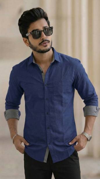 Vaaaddo Men Regular Fit Solid Spread Collar Casual Shirt - Blue