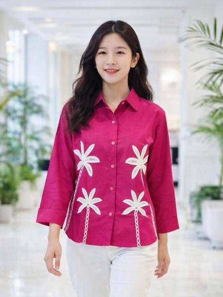 Women Regular Fit Embroidered, Solid Spread Collar Casual Shirt