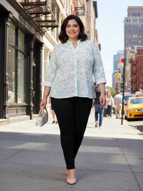 Women Plus Size Floral Mandarin Collared with Button Tab Sleeve Cotton Shirt Women Regular Fit Printed Mandarin Collar Casual Shirt