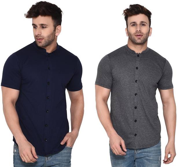 GEUM Men Solid Casual Dark Blue, Grey Shirt