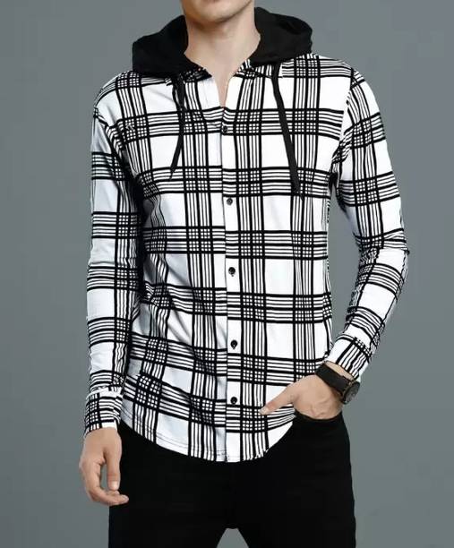 Men Slim Fit Striped Hood Collar Casual Shirt