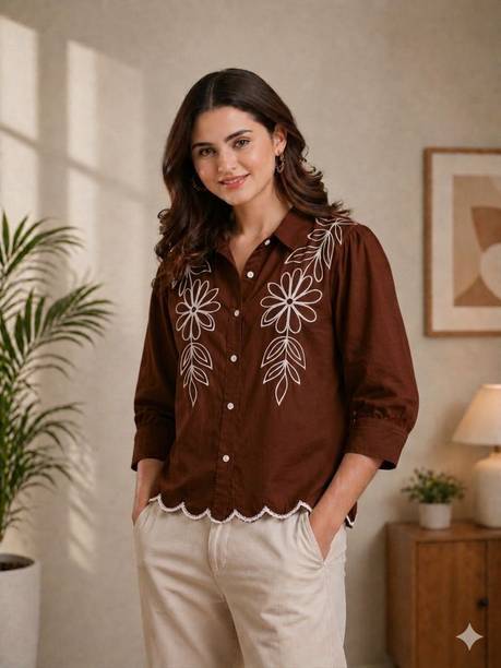 Women Oversized Fit Embroidered Spread Collar Party Shirt
