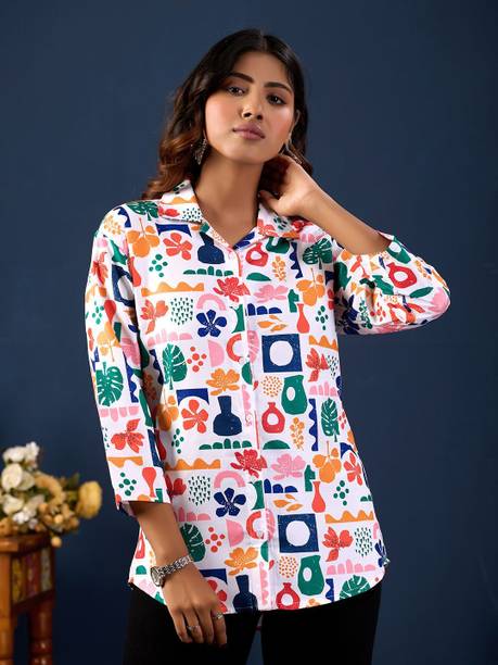 Women Regular Fit Printed, Geometric Print Spread Collar Casual Shirt