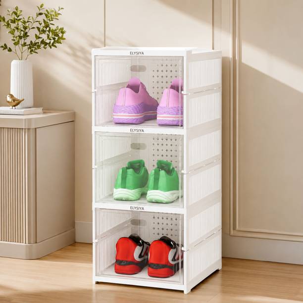 Stovara 3 Layer Foldable Shoe Organizer Storage Box | Shoe Stand with Transparent Door Plastic Shoe Rack
