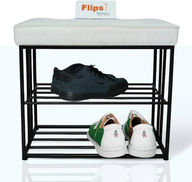 FlipsShoppee Velvet Cushioned Shoe Rack Bench with Golden Metal Frame, 2-Tier Shoe Storage Metal Shoe Rack