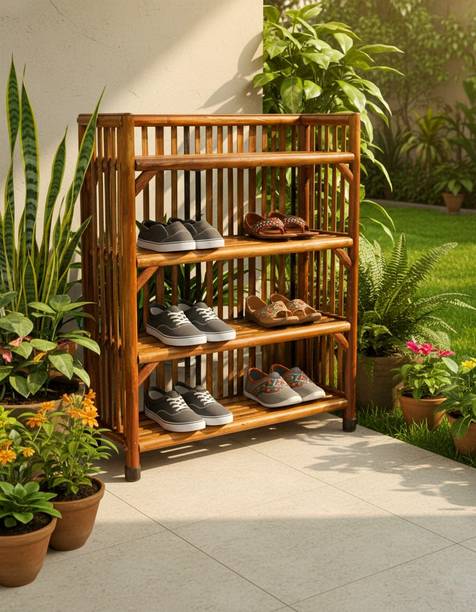 Zaydio 4 Tier Bamboo Shoe Rack Stand for Garden Balcony Patio Footwear Storage Shelf Bamboo Collapsible Shoe Stand