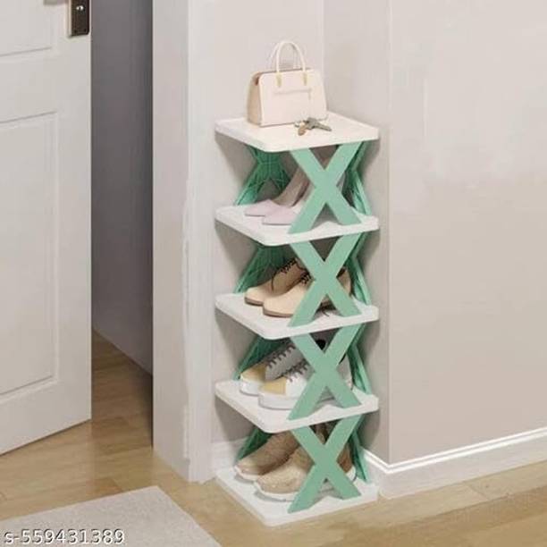 QONETIC Foldable Shoe Rack with Adjustable Slots 5 Layer Plastic Storage Organizer Plastic Shoe Rack
