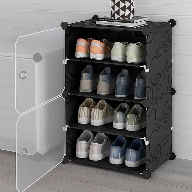 KriShyam ® Shoe Rack Organizer 8 Pair Tower 4 Shelve 2 Door Portable Shoe Storage Rack Plastic Collapsible Shoe Stand