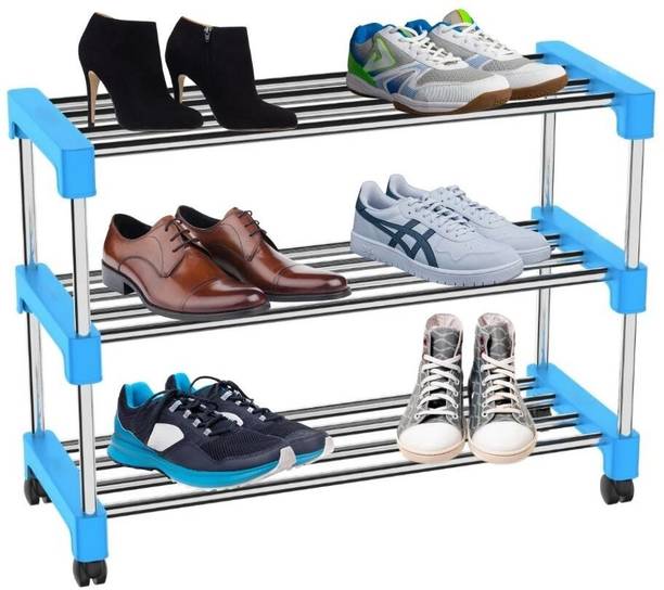 Airline Multi-Purpose Standing Home Organizer Stackable Steel Shoe(3 Tier,BLUE) Metal Collapsible Shoe Stand (3 Shelves, Pre-assembled) Metal, Plastic Shoe Stand