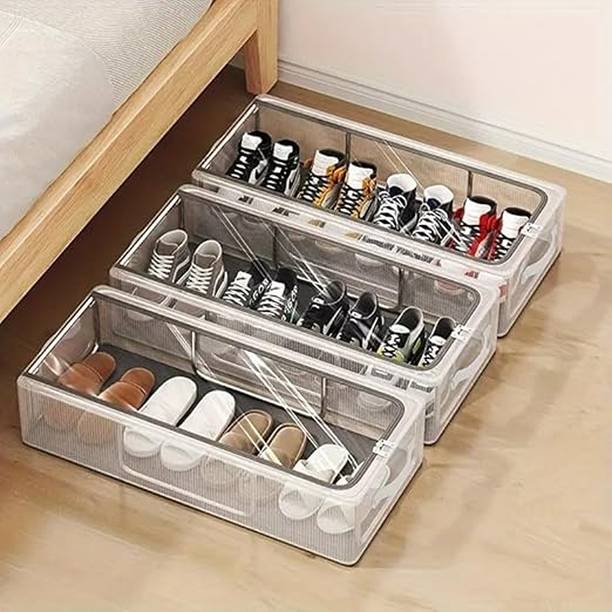 WISHLIST Fabric Shoe Storage Bins | Folding Under Bed Organizer with Transparent Lid Plastic Collapsible Shoe Stand