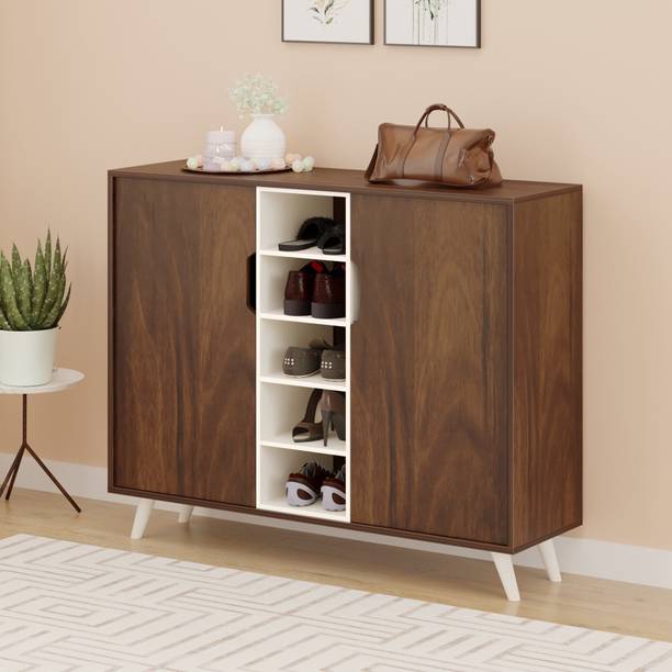 BLUEWUD Furlyn 2 Doors Shoe Cabinet Slipper Footwear Stand with Handle Less Desgin Engineered Wood Shoe Rack