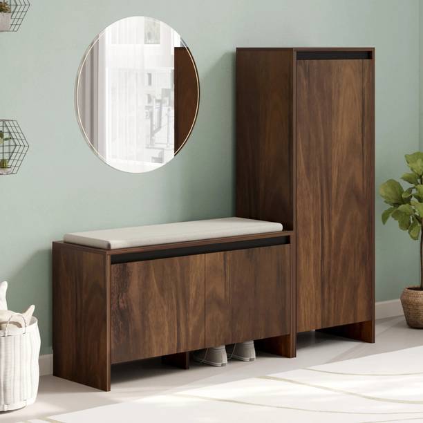 BLUEWUD Mavis Multipurpose Shoe Stand with Cushioned Seating & Tall Storage Cabinet Engineered Wood Shoe Rack