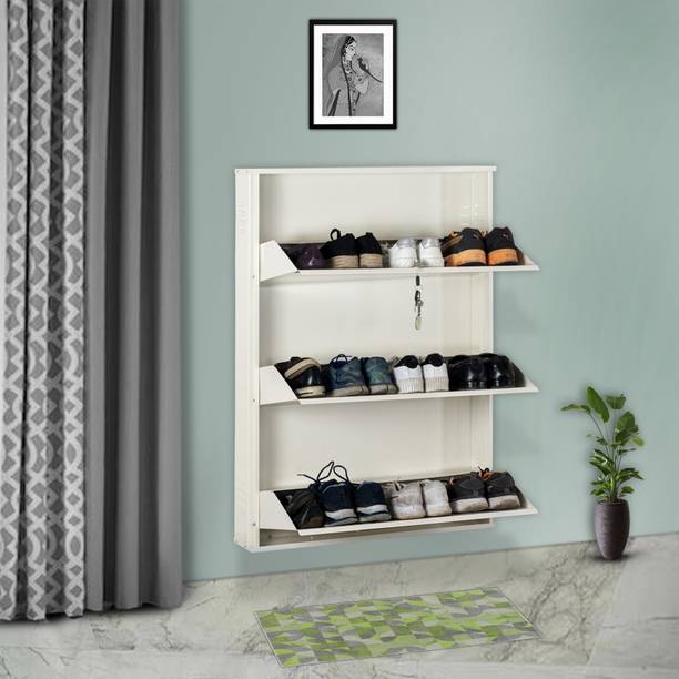 Delite Kom 29 Inch Wide, 3 Shelf | Store 12 Shoe/18 Slipper | Lockable, Wall Mount Metal Shoe Rack
