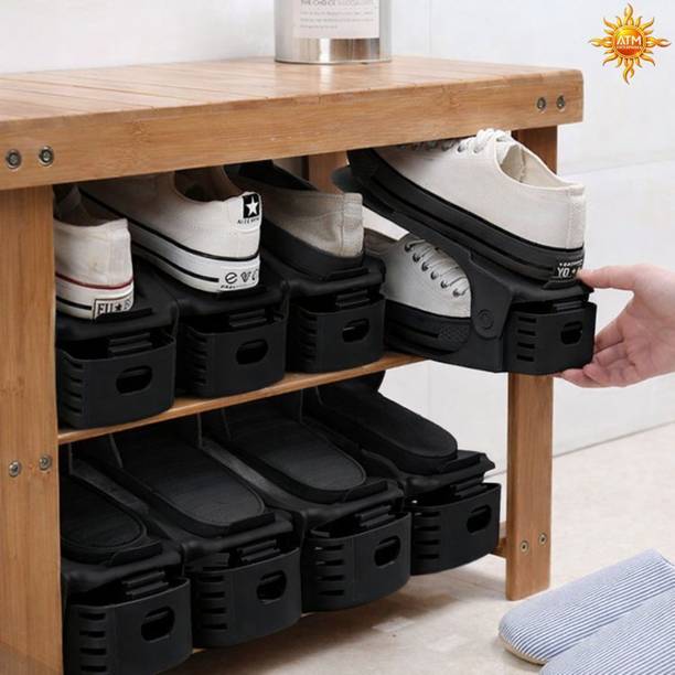 ATM Enterprises Adjustable Space Saving Shoe Organizer for Home,Office&Closet. Pack of 6/BLACK | Plastic Collapsible Shoe Stand