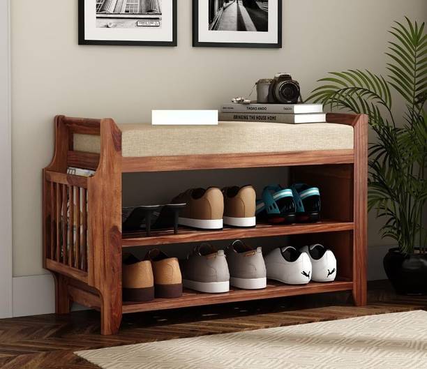 Deshnok Art Wooden Shoe Rack Bench with Cushion Seat & Storage Shelves | Entryway Organizer Solid Wood Shoe Rack