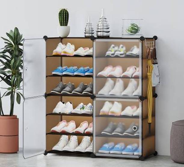 PYXBE 12-Shelf-4-Door Plastic Shoe Rack Storage Organizer for Home BedroomBalcony Plastic Shoe Rack
