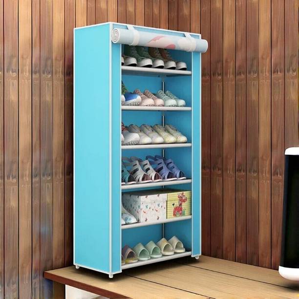 colcum 6-Tier Portable Shoe Rack with Roll-up Cover, Turquoise Blue, Micro Fiber Collapsible Wardrobe