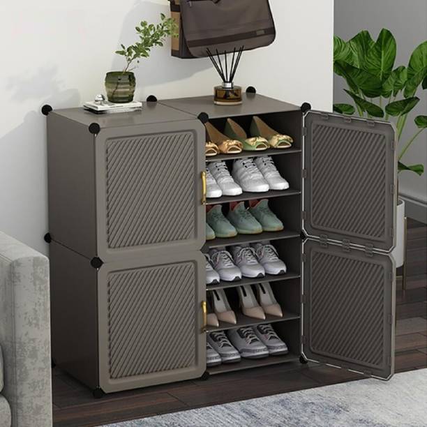 Evrum 12-Shelf-4-Door Plastic Cubort Shoe Rack Plastic Collapsible Shoe Stand