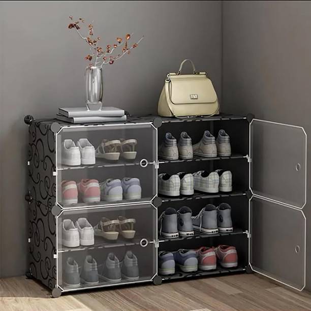 Evrum 8-Shelf-4-Door Plastic Cubort Shoe Rack Plastic Collapsible Shoe Stand