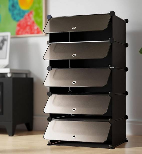 NP-HVRD 5 Door 5 Shelf Clothes & Shoe Rack | Almari Style Collapsible Cabinet Plastic, Metal Collapsible Shoe Stand