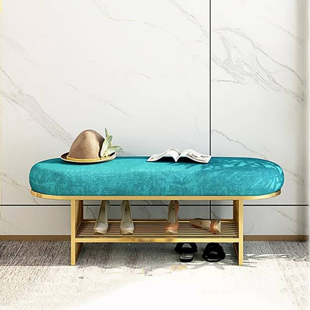 DecorationCrown Bench with Golden Metal Frame Velvet Fabric Upholstered Seat ShoeBenche Metal Shoe Rack