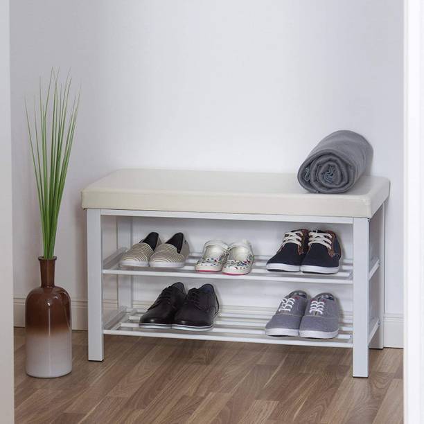Indian Decor XL48319 49x81x32 cm Open Shoe Shelf,Padded Seat with Faux Leather Cover,Backless Metal Shoe Rack