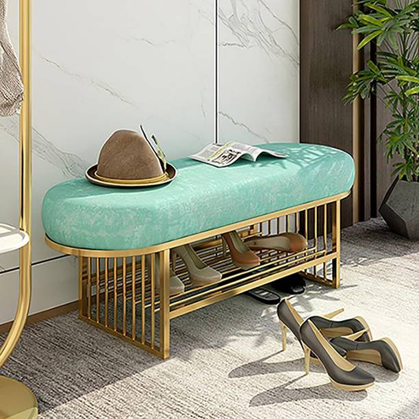 DecorationCrown Entryway Bench with Golden Metal Frame Velvet Fabric Upholstered Seat ShoeBenche Metal Shoe Rack