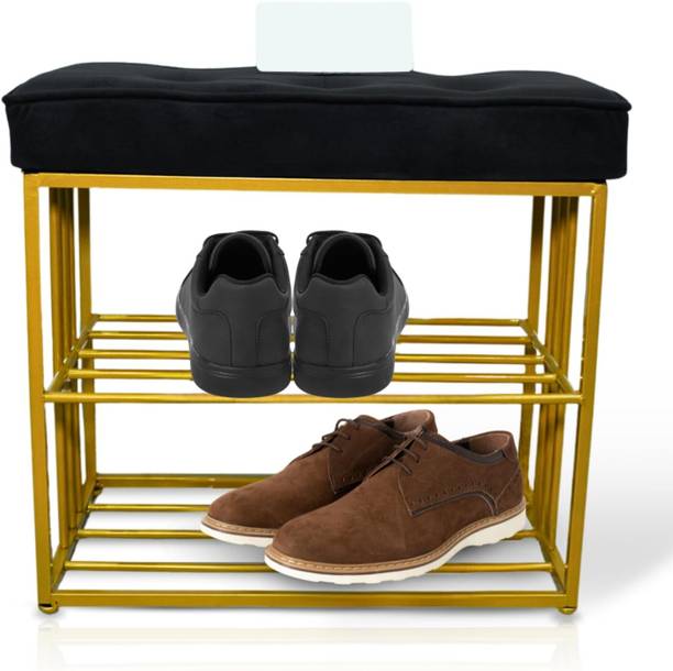 FlipsShoppee Velvet Cushioned Shoe Rack Bench with Golden Metal Frame, 2-Tier Shoe Storage Metal Shoe Rack