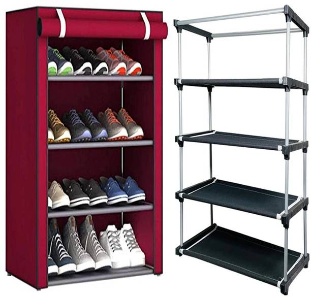 girja 4-Tiers Multipurpose Heavy Plastic l Shoe Rack with Wardrobe Cover {Maroon} Plastic Shoe Rack