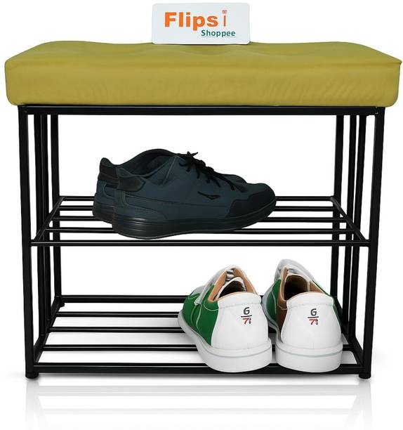 FlipsShoppee Velvet Cushioned Shoe Rack Bench with Golden Metal Frame, 2-Tier Shoe Storage Metal Shoe Rack