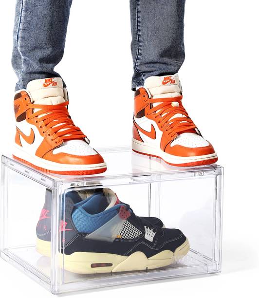 SNEAKARE Side Drop Shoe Rack & Storage Box for Office/Home, Shoe Storage Box For Sneaker Plastic Collapsible Shoe Stand