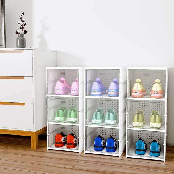 HOMESTIC by Kuber Industries (Pack of 3) Foldable (3-Layer) Storage Rack for Shoe, Slippers & Books | White Plastic Shoe Rack