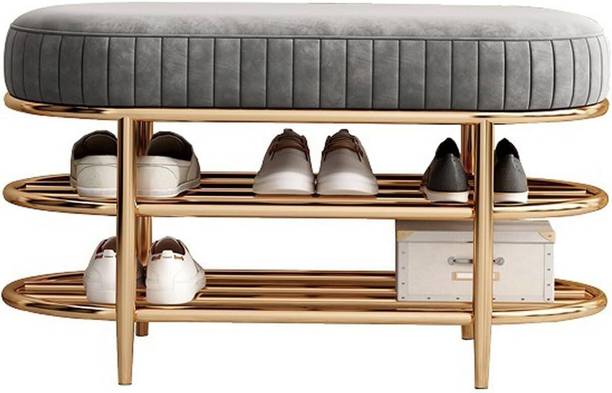 DecorationCrown Velvet Shoe Rack Bench, Metal Framed Two-Tier Shoe Storage Shelf Metal Shoe Rack