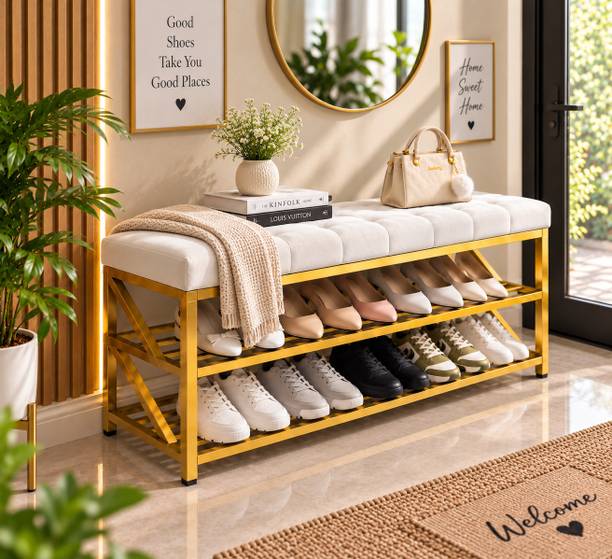 Worldcollection Luxury Shoe Rack with Padded Bench Seat | 3 Tier Metal Footwear Storage for Home Metal Shoe Rack