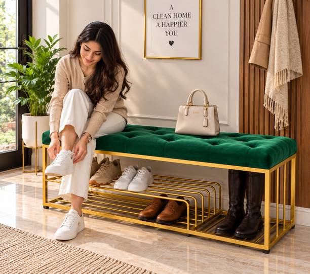Worldcollection Premium Storage Bench with Cushioned Seat | 2 Metal Shoe Rack