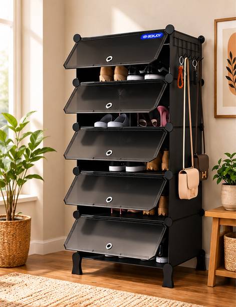LixaH Foldable 5 Tier Shoe Storage Cabinet with Transparent Doors and Side Hooks Plastic Shoe Rack