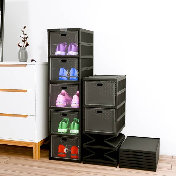 HOMESTIC by Kuber Industries 5-Tier Foldable Storage Rack for Shoe, Slippers & Books | Matte Black Plastic Shoe Rack