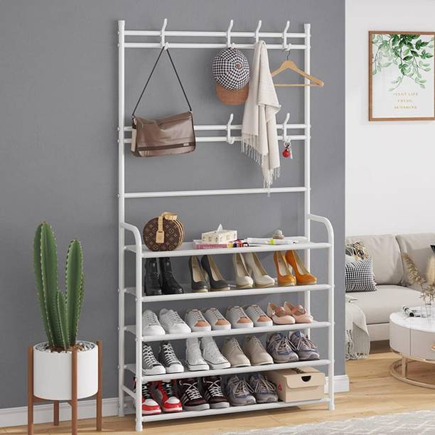KriShyam ® 3-in-1 Hall Tree Shoe Bench, Entryway Coat Hat Umbrella with 8 Hooks Hanging Metal Collapsible Shoe Stand
